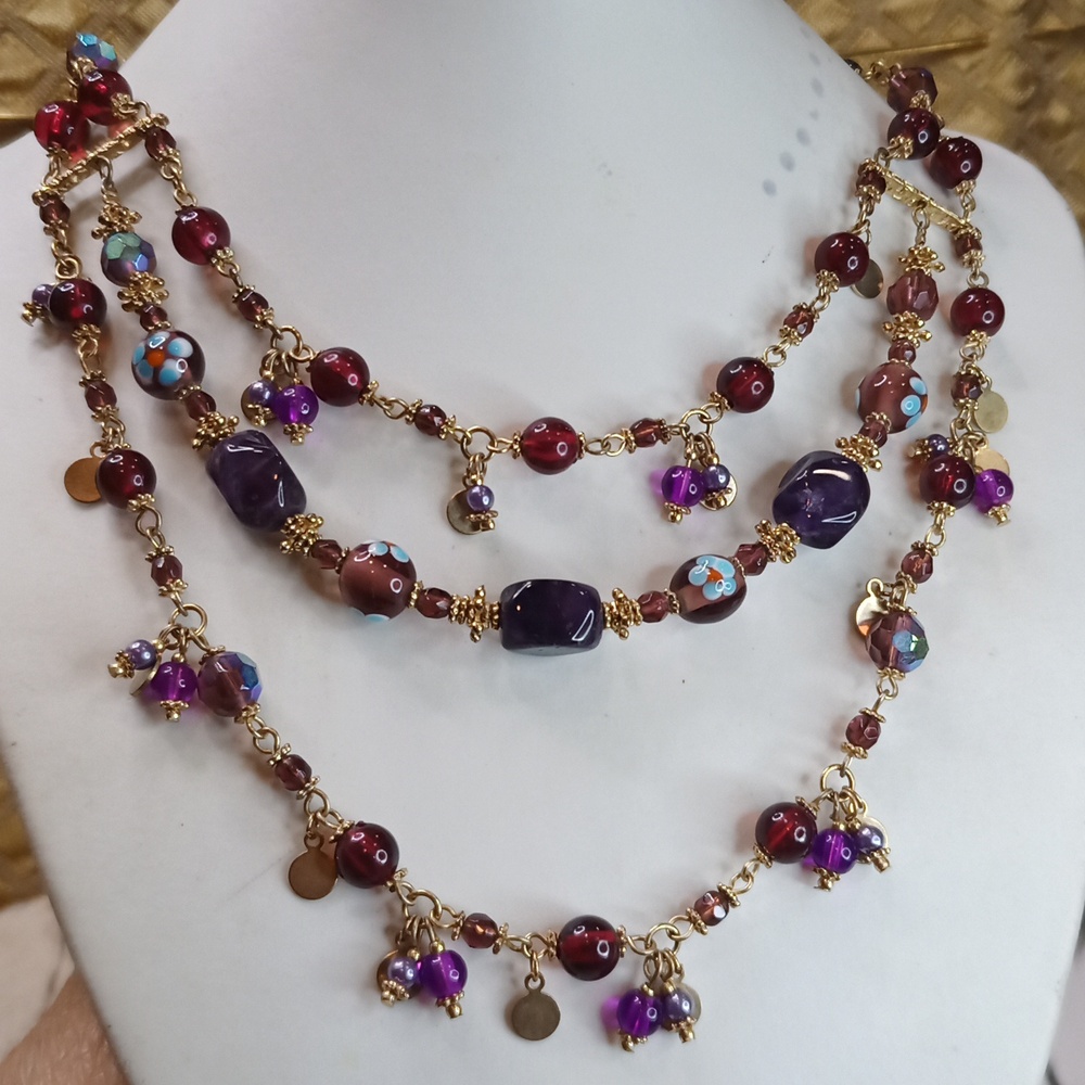 Vintage Multi Strand Millefiori Glass And Amethyst Necklace AB Crystal